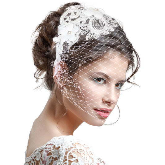 Styquenzer Bridal Wedding Veil Fascinator Mesh Veil Headband 1920s Headpiece for Women Lace Headband Tea Party Flower Fascinator Funeral Hats White