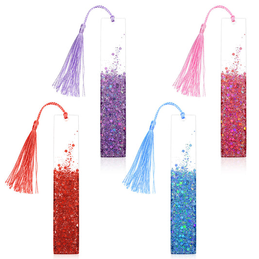 4 PCS Resin Bookmarks, Glitter Book Markers for Women Glittering Resin Tassel Bookmarks Handmade Resin Gilt Bookmarks with Tassels for Women Girls Students Teachers Book Lovers School Home