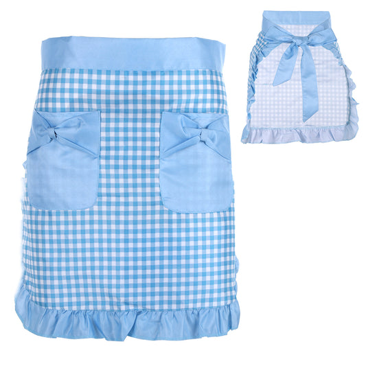 Psyqtsuary Blue Gingham Apron Waist Apron with Pockets Adjustable Vintage Ruffle French Cooking Short Aprons for Restaurant Bistro Coffee Shop