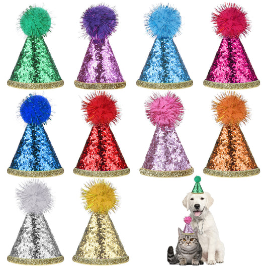 Dog Birthday Hat, 10 Pieces Mini Party Hats for Stuffed Animals Colorful Cat Birthday Hat Glitter Birthday Party Hats Adjustable Tiny Cone Birthday Party Hat for Dogs Cats Party Costume Accessories