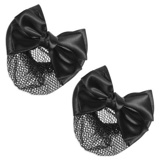 2 Pcs Hair Snood Net with Black Bowknot Decor French Bun Cover for Hair Women's-Hair Accessories Satin Bow Crochet Knit Snood Non-slip Mesh Hair-Clips for Work Stewardess Banks Hotels Restaurant Staff
