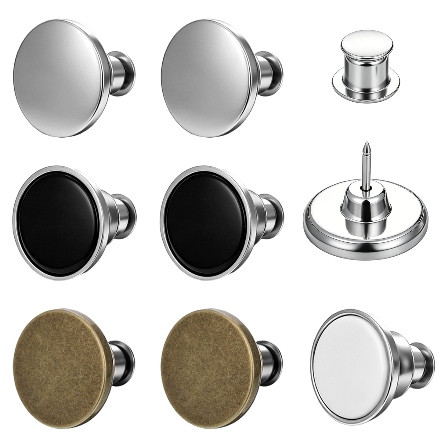 8Sets Jean Button Pins Pants Button Tightener for Waist No Sew Instant Replacement Buttons for Loose Jeans Reusable Adjustable Metal Clip Snap Tack Reduce Too Big Pants Waist(Black Brown Silver White)