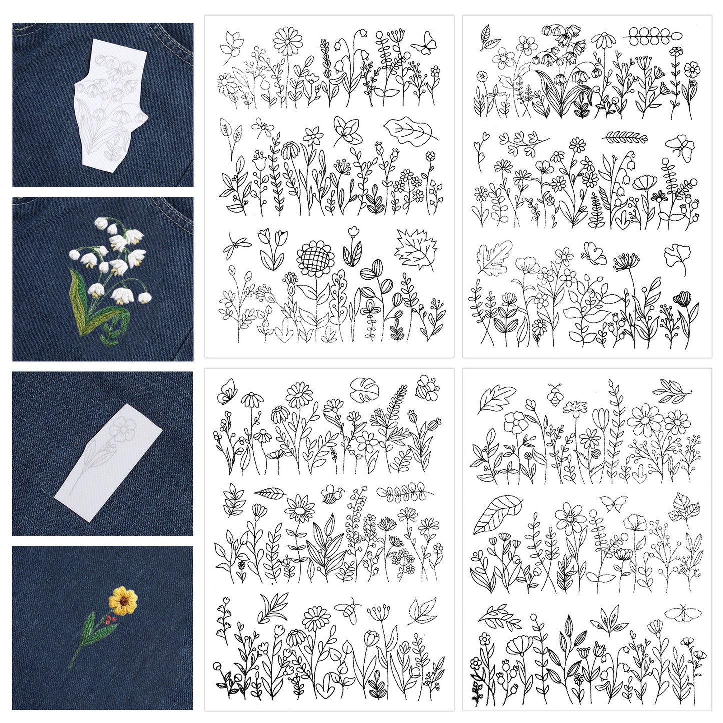 4 Sheets Embroidery Patterns Water Soluble, Stick and Stitch Embroidery Patterns, 12 Pcs Pre-Printed Wildflowers & Flowering Shrubs Designs, Floral Border Hand Sewing DIY Paper for Hand Sewing Lovers