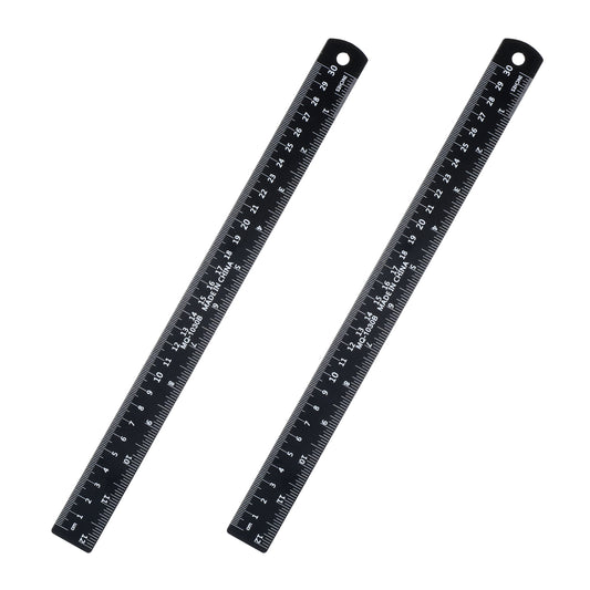 2 Pack Metal Ruler 12 Inch, Black Straight Edge Rulers Metric Ruler Dual Scale Aluminum Rulers with Millimetre, Inches Conversion Table for Office and School