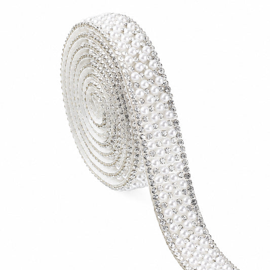 1 Yard Pearl Rhinestone Tape Bling Pearl Rhinestone Ribbon Pearls Ribbon Wide 0.7 Inches Self Adhesive Pearls Crystal Sticker White Gems Rhinestones Tape Crystal Ribbons for Crafts DIY
