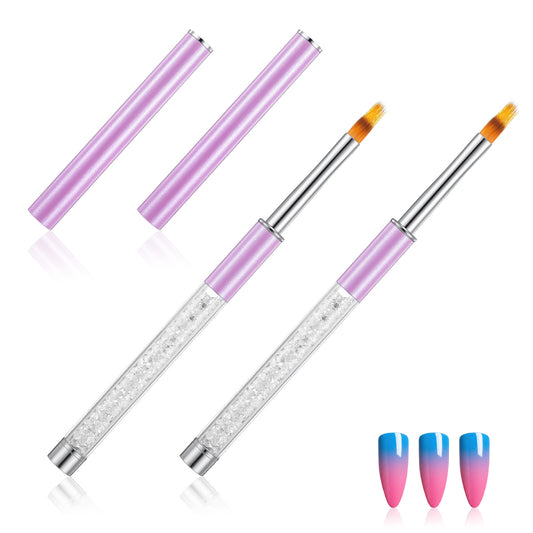 2PCS Nail Ombre Brush Nail Painting Art Brushes with Rhinestone Handle UV Gel Polish Nails Drawing Pen Nails Art Brushes for Nail Design