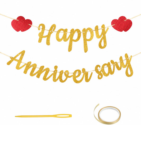 Glitter Gold Happy Anniversary Banner Happy Anniversary Sign with Red Heart
