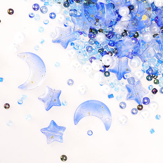 2200pcs Star Moon Beads with Elastic Line Star Moon Acrylic Pearl Beads Loose Round Glass Kits Crystal Glass Spacer for DIY Bracelets (Blue)