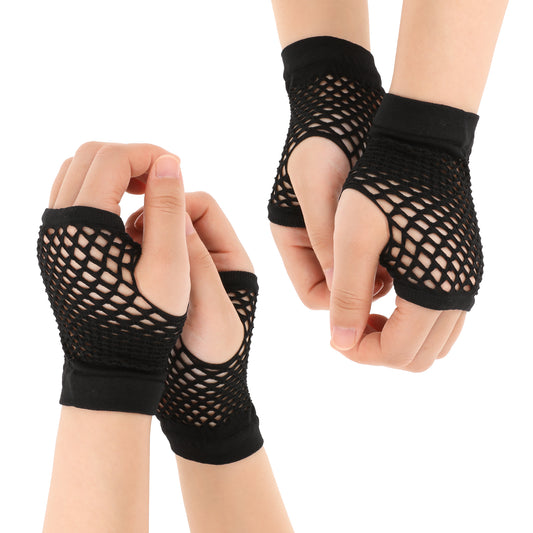 2Pairs Black Nylon Fingerless Fishnet Gloves Short Fishnet Gloves Women 80s Short Stretch Fishnet Glove Wrist Stretch Mesh Glove Halloween Costume Accessories