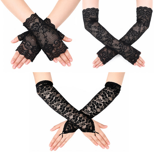 Zyghjort Lace Fingerless Gloves, 3 Pairs Black Goth Gloves