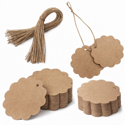 100 PCS Scalloped Paper Gift Tags with String, 2.4'' Round Brown Tags KraftPaper Gift Tag Present Tag with Natural Jute Twines for Clothing, Wedding Decoration Gifts, Arts & Crafts, Birthday Party