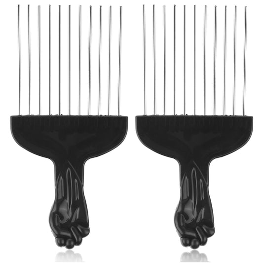 2 Piece Black Metal Hair Pick Professional Afro Comb Wide Tooth Afro Pick Smooth Hair Pick Comb Hair Styling Hairdressing Tool for Detangling and Styling Hair