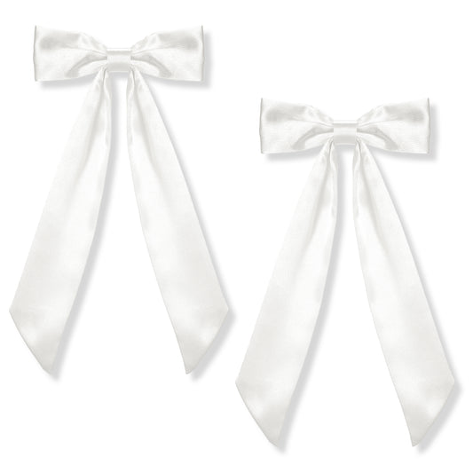 2 Pack White Hair Bow Clips Silky Satin Hair Bows Hair Clips White Hair Ribbon Bows Clips Hair Bows with Long Tails Metal Clips Hair Bow Big Hair Bow Barrettes for Women Satin Bows Hair Ties
