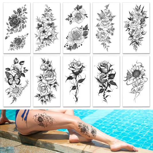 Temporary Tattoos Sexy Rose Flower Temporary Tattoos Large Sexy Flowers Collection Waterproof Temporary Tattoo 3D Blossom Lady Shoulder Tattoos for Women and Men