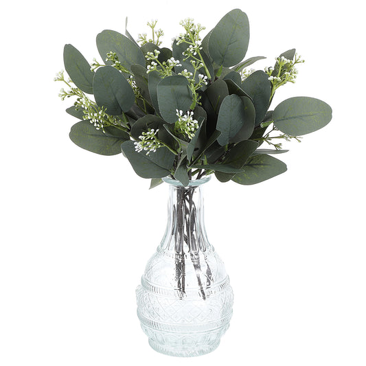 KALIONE 12 Pcs Artificial Silver Dollar Eucalyptus Leaves Picks Stems and Faux Branches with White Seeds, 11.4'' Decoration Greenery Stems Plants for Vase Bouquets, Flower Arrangement(Style 2)