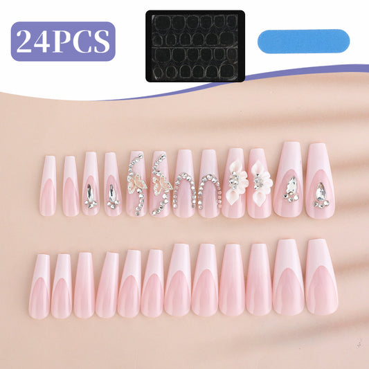 Butterflies Press on Coffin Nails, Acrylic French Shiny Fake Nails, Rhinestone Long Nails, Hand Worn Press on Nails, 3D Flower Press on Nails for Women, 24PCS