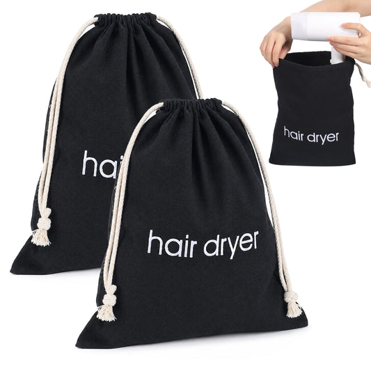 2 PCS Hair Dryer Bags Drawstring Bag Container, Black Canvas Hair Tool Bag Drawstring Hairs Dryer Case, Hairdryer Bags for Travel Bathroom Dust Storage (2 Sizes)
