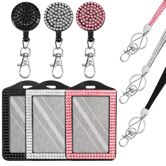 3 PCS Rhinestone Bling Lanyard with Id Badge Holder, Rhinestone Lanyard for Id Badges Diamond Crystal Idcard Holder Crystal Retractable Badge Reel Neck Lanyards with Key Ring and Metal Clasp