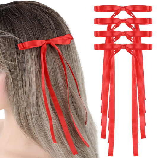 4PCS Hair Bows for Women, Ribbon Bowknot Hair Clips Red Tassel Ribbon Bowknot Clips Solid Satin Hair Accessories for Women Long Hair