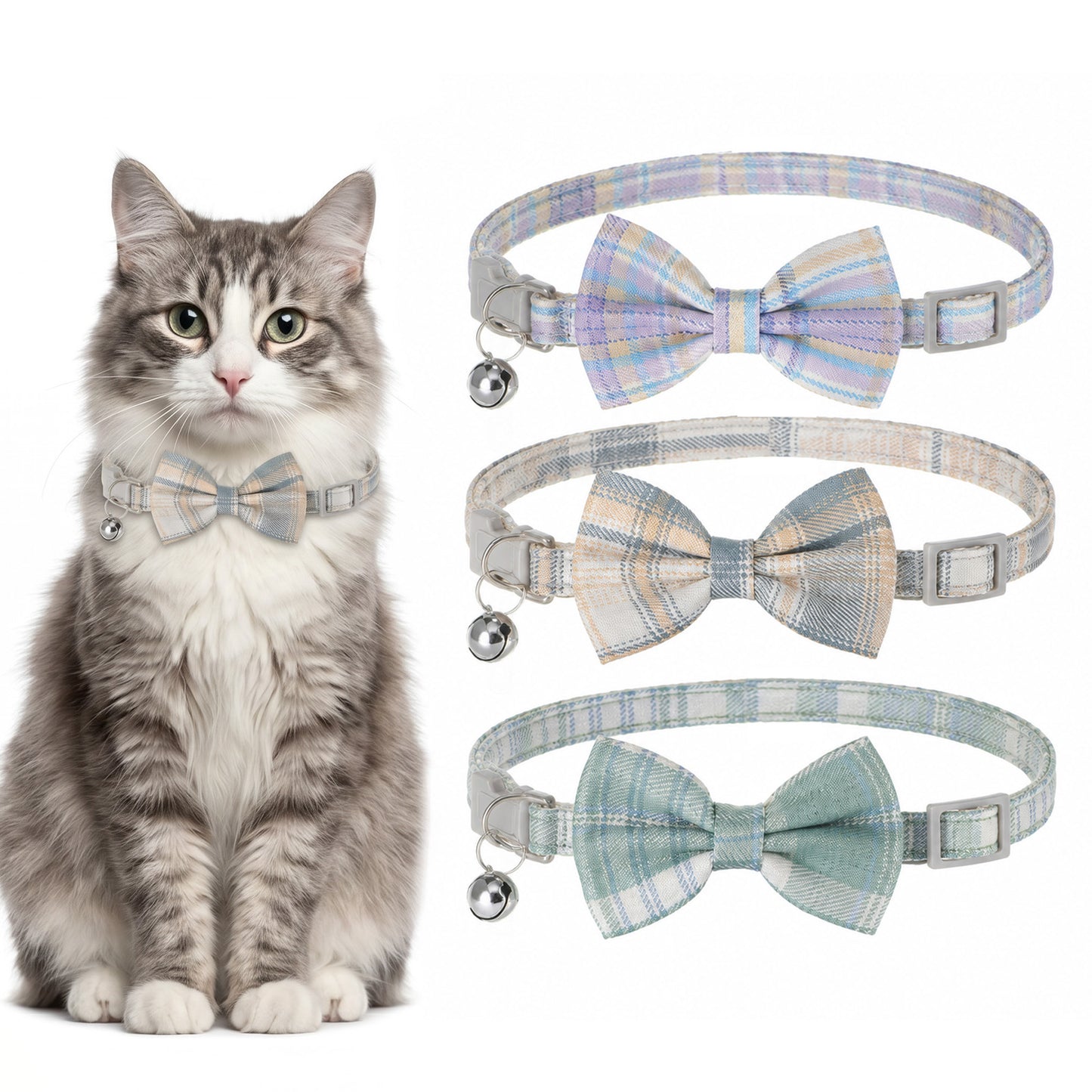3 PCS Cat Bow Tie Collars for Boy Cats Breakaway Collar with Bow Tie and Bell, Soft Adjustable Plaid Kitten Collar for Small Pets Cats and Puppy, Blue Gray Light Green