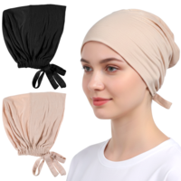 2Pcs Women Hijab Undercap, Adjustable Tie Back Solid Color Soft Hijab Turban Non Slip Undercaps Head Coverings for Women Makeup Sleep Shopping, Black & Khaki