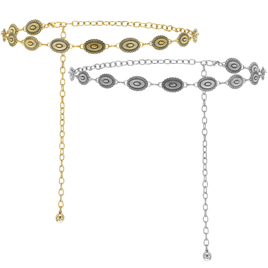 2 PCS Western Metal Concho Chain Belt for Women, Metal Coin Chain Belt Adjustable Cowgirl Belts with Silver Gold Colors, Boho Waist Dancers Belts for Dresses Jeans Country Concert