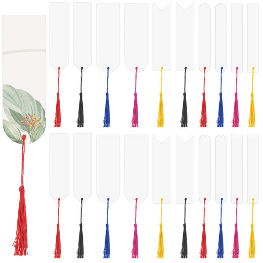 20 Pcs Acrylic Bookmarks Blanks Bulk 5 Shape of Bookmarks Clear Bookmark Plastic Blank with 5 Color Tassels Twine String for Vinyl DIY Craft Bookmarks Crafts with 20 Pieces Colorful Tassel