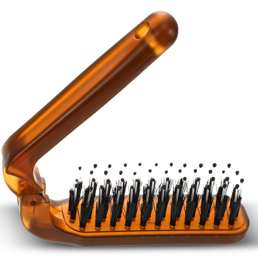 Folding Hair Brush, Portable Travel Hairbrush Mini Boar Bristle Hair Brush Anti-Static Pocket Comb Hairstyling Tool for Women Men Thick Thin Straight Curly Wet Dry (Amber)