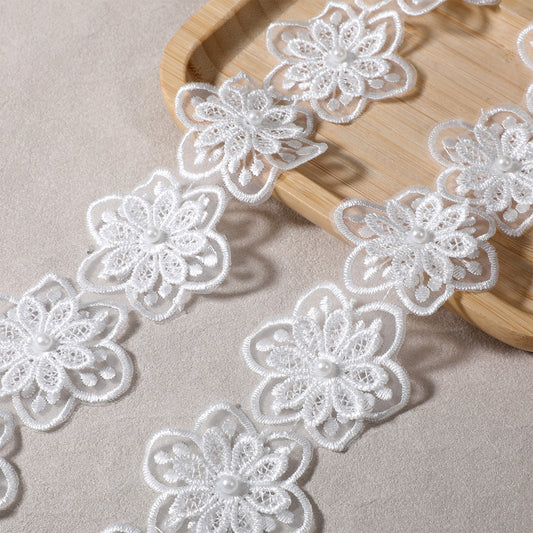 2 Yards 3D Flower Lace Trim Pearl Embroidered Organza Flower Trim Pearl Flowers Lace Appliqué for Wedding Dress Decor DIY Sewing Craft (White)