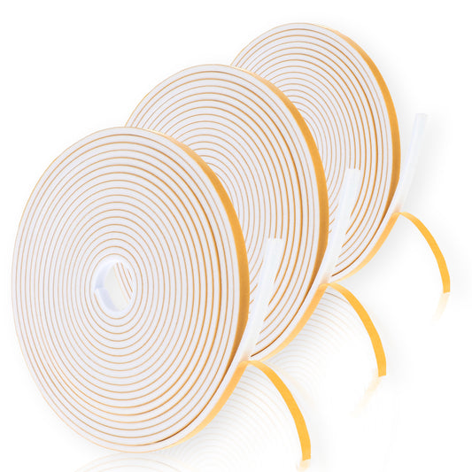 16 Feet White Weatherstripping, 0.23 x 0.11Inches Strong Adhesive Weather Stripping, High Density Soundproof Foam Sealing Strip for Windows, Sliding Door, 3 Rolls