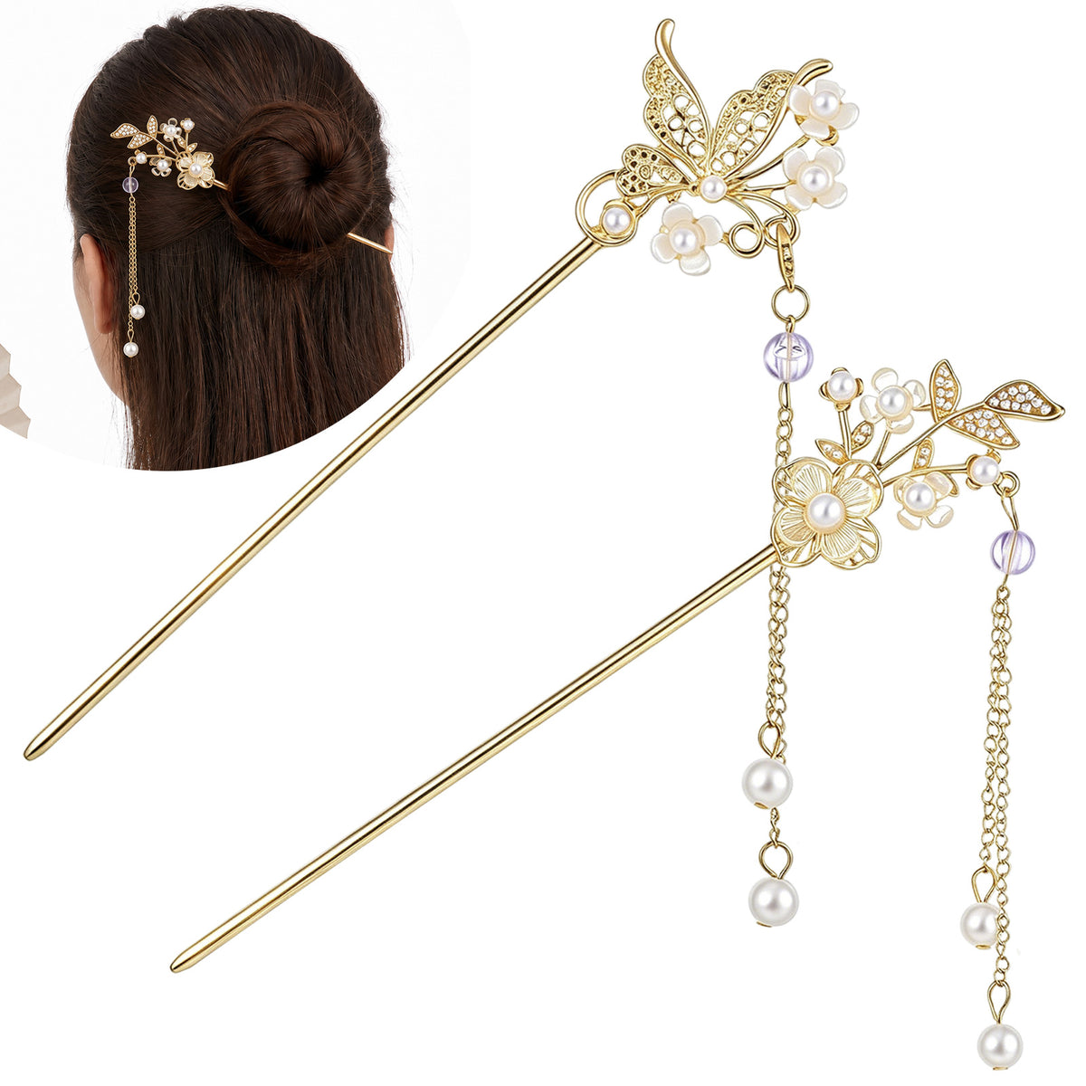 2Pcs Chinese Hair Sticks Set, Gold White Japanese Hair Stick for Women