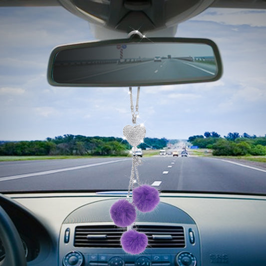 Purple Car Accessories Interior for Women Heart Car Mirror Accessories Hanging Women Crystal Car Rearview Mirror Decor mit Fuzzy Plush Ball Charm Car Mirror Hanging Accessories Kawaii Car Accessories