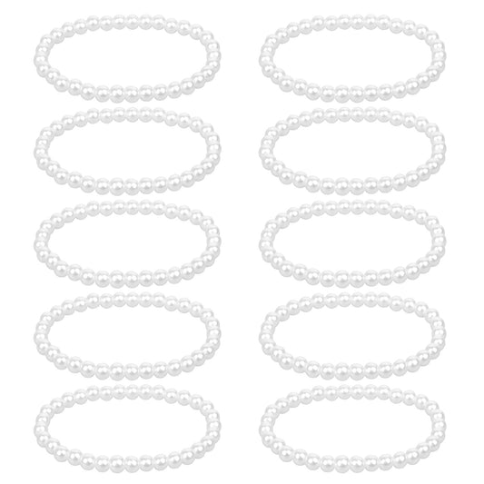 Xthrotsenk 10 Pack White Pearl Bracelets for Women 0.2'' Wedding Faux Pearl Bracelet Stack Stretch Fake Pearls Bead Bracelets Bridal Elastic Stackable Pearl Bracelet Set for Bridesmaid Party Gifts