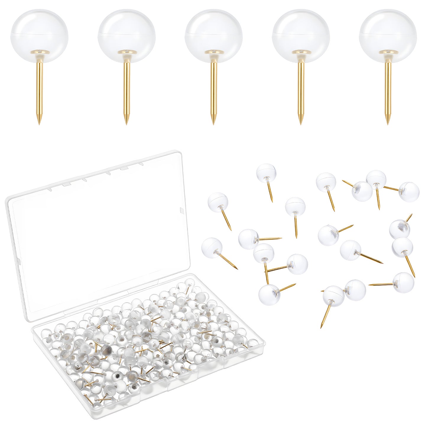 200Pcs Clear Round Push Pins, Gold Ball Push Pins Clear Thumb Tacks with Storage Box Golden Steel Point and Transparent Plastic Round Head Map Tack for Cork Bulletin Board Office Organization