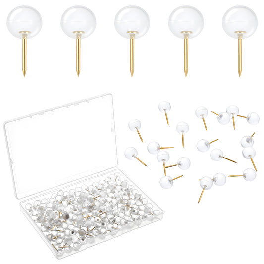 200Pcs Clear Round Push Pins, Gold Ball Push Pins Clear Thumb Tacks with Storage Box Golden Steel Point and Transparent Plastic Round Head Map Tack for Cork Bulletin Board Office Organization