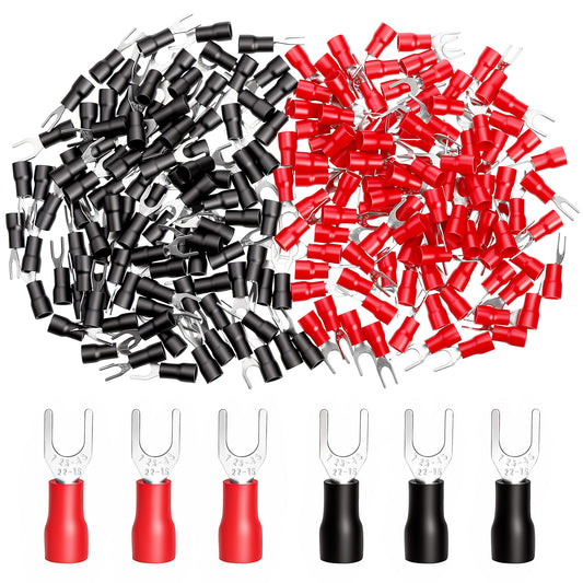 200 Pcs 22-16 AWG Insulated Fork Spade Wire Connector, #8 Black & Red Insulated Brass Fork Wire Connector U Type Electrical Crimp Terminals (100 Red + 100 Black)