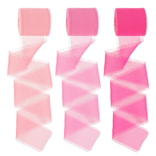 3 Rolls Chiffon Ribbon, 1.5 Inch× 5.5 Yards Hot Pink Chiffon Ribbon Handmade Fringe Silk Chiffon Ribbons for Wedding Invitations, Bridal Bouquets, Gift Wrapping, Holiday Decoration, DIY Crafts