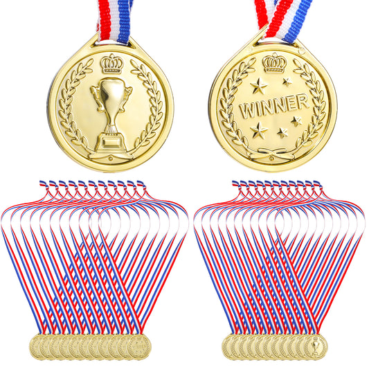 24 PCS Golden Plastic Medals for Awards, 1.4 Inch Plastic Golden Awards Medals with Neck Ribbon Trophy Team Prize Gifts Party Favors Gifts Lightweight Small Size for Games Competitions, Party Favors