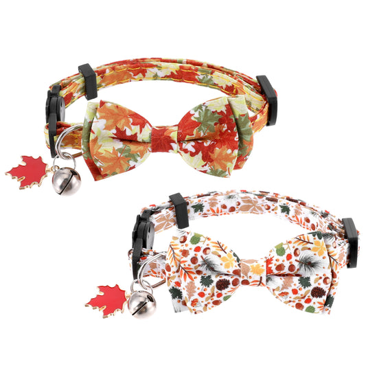 Fall Cat Collar, 2 Pcs Breakaway Cat Collar with Bells Adjustable Cute Maple Leaf Cat Bow Tie Thanksgiving Cat Collar for Cats Dogs Small Pets Halloween Christmas Decoration