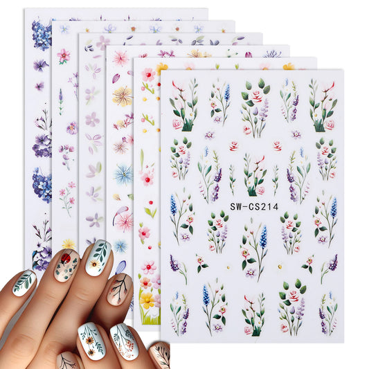 Flower Nail Art Stickers, 3D Self Adhesive Spring Nail Decals Embossed Floral Nails Art Sticker Charming Dried Flower Summer Colorful Nails Accessories Supplies for Women Girls (6 Sheets)