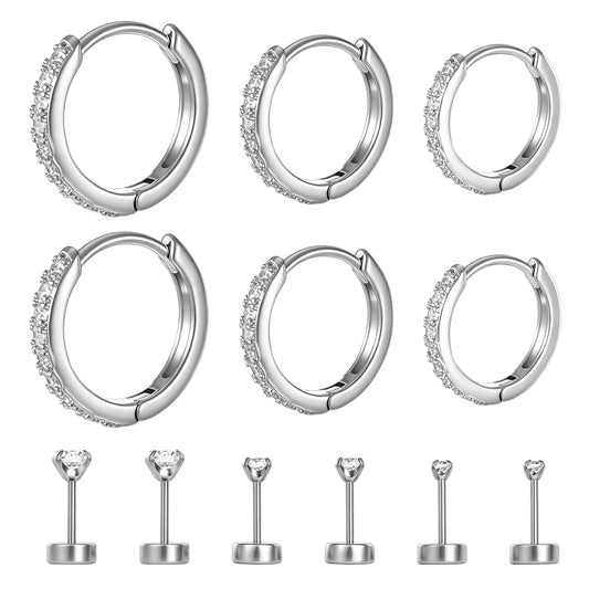Rhinestone Hoop Earrings, 3pcs 8/10/12 cm Sparkly Round Hoop Earrings and 3pcs Small Earring Studs Stainless Steel Cubic Zirconia Earring Studs for Women