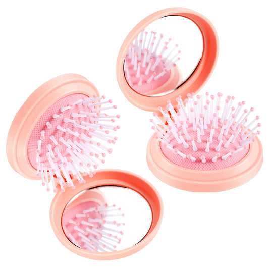 Mini Folding Hair Brush with Mirror, 2 Pieces Compact Pocket Hairbrush Round Massage Comb Portable Purse Brushes Small Travel Size Hair Brushes for Women Girls Purse, Pink