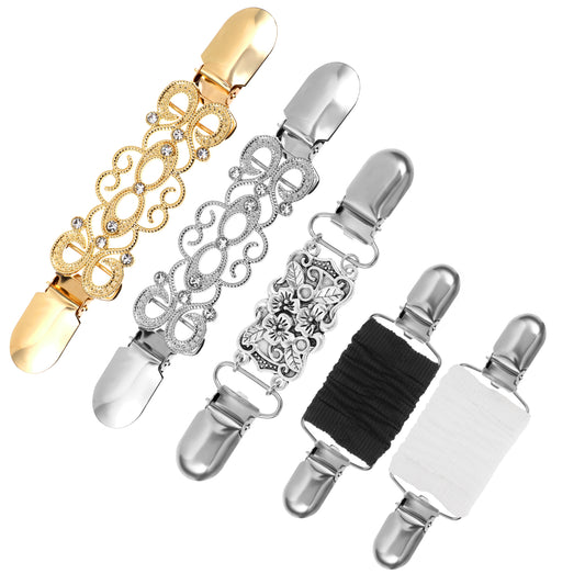 5 Pcs Clips Back Cinch, Elegant Vintage Shirt Clothes Clips, 5 Styles Waist Cincher Clip, Tie Up Sweater Clips for Women, Clips Back Cinch Decor for Sweater, Cardigan, Collar, Shawl, Scarf