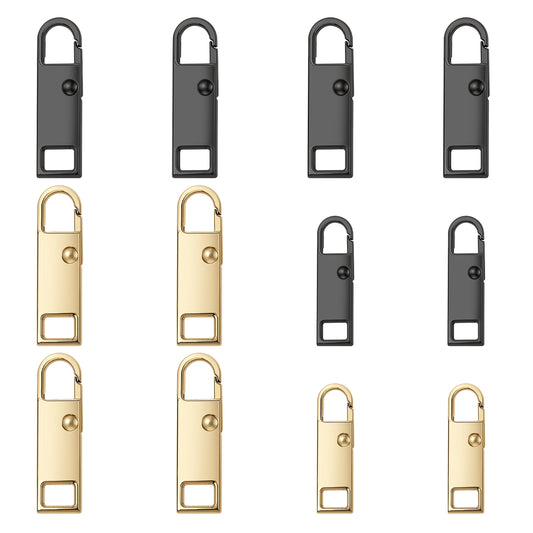 12 Pcs Zipper Pull Replacement Gold Zipper Pull Detachable Zipper Pull Tabs Metal Zipper Handle Mend Fixer Zipper Tab Repair Backpack Zipper Pulls for Luggage Suitcases Bag(2Size, 2 Color)