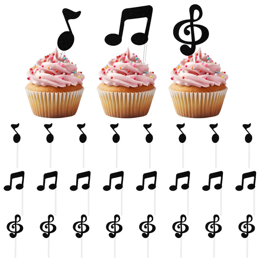 Music Notes Cupcake Toppers, 24 PCS Music Cupcake Toppers Black Glitter Musical Symbol Cupcake Picks for Rock Music Notes Cupcake Topper Sticks for Baby Shower Concert Music Themed Party Decorations