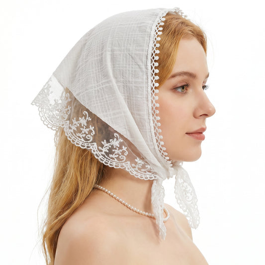 Lace Hair Scarf Flower Triangle White Lace Bandana Cute Stylish Laces Head Covering for Wedding Bridal Headband Kerchief Spring Summer Hair Accessories