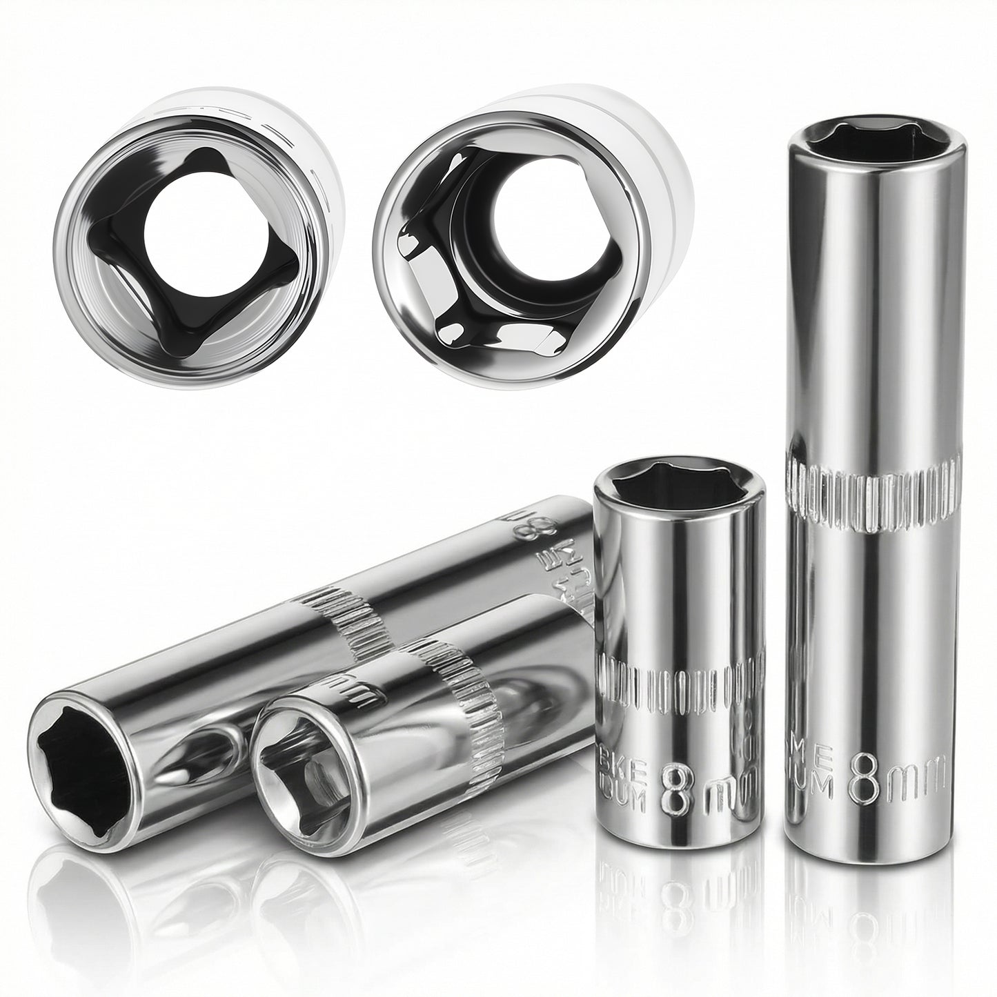 4 Pcs 1/4 Inch Drive 8mm Shallow & Deep Socket Set, 6 Point Chrome Vanadium Steel Metric Sockets for Ratchet Torque Electric Wrenches Car Repair, Mirror Finish