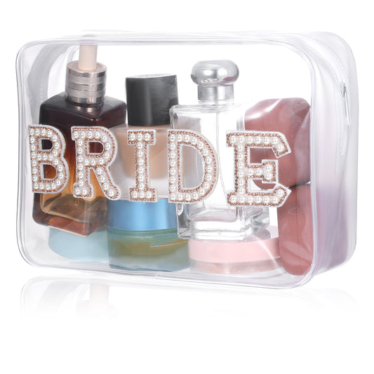 Bride Clear Makeup Bags Bachelorette Toiletry Bag Bridal Shower Gifts Engagement Cosmetic Bags Rhinestone Letter PVC Cosmetics Bag for Wedding Bachelor Party