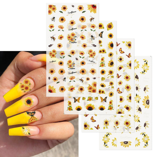 4Sheets Sunflowers Nail Art Stickers Decals 5D Embossed Sunflower Nail Art Stickers Engraved Flower Nail Sticker Self-Adhesive Flower Nail Decals for Women Floral Manicure