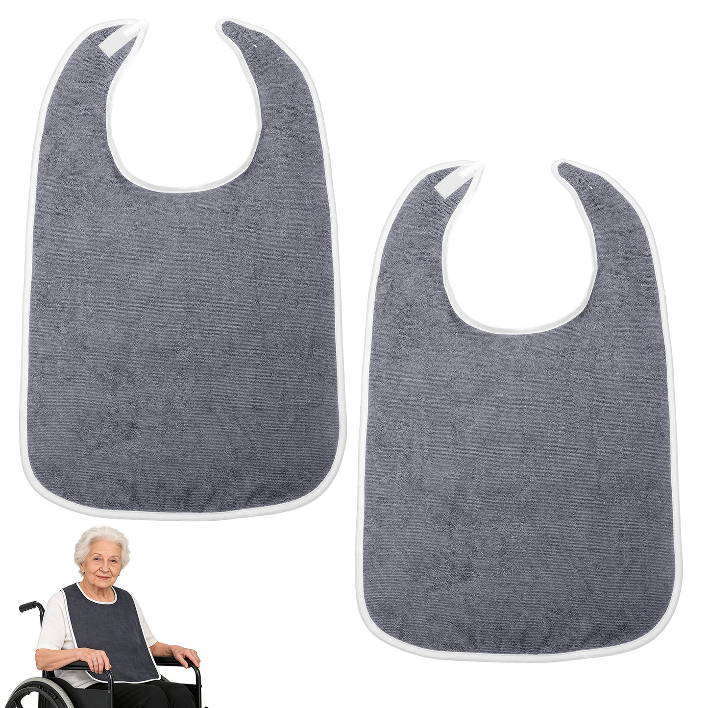 Qulkws 2 Pcs Adult Bibs for Eating, Waterproof and Washable Bib for Eating, Terry Cloth Bib, Reusable Clothing Protector Bibs, Adjustable Dining Bibs for Seniors, Elderly, Disabled (Grey)